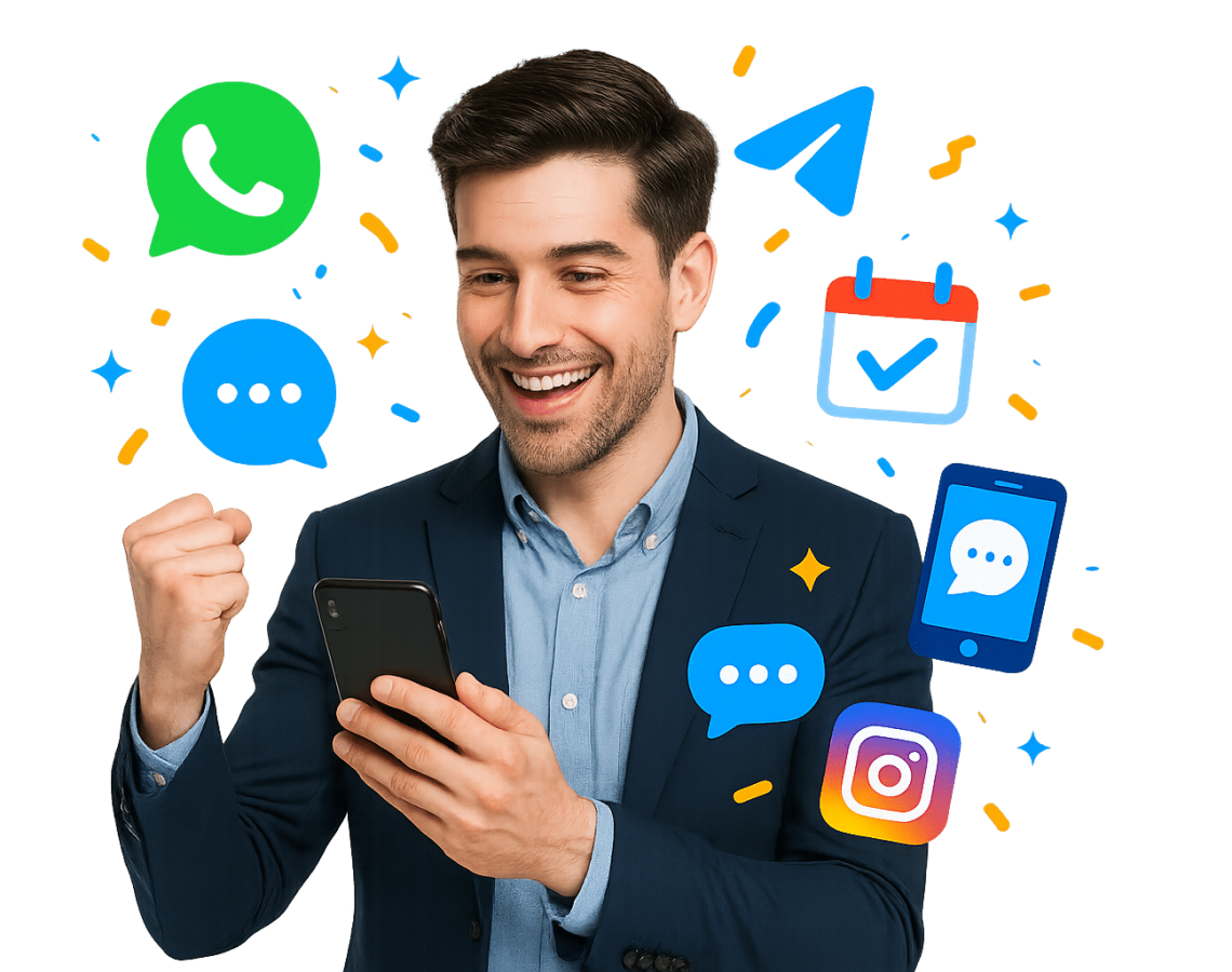 Melbourne AI app chatbot replying on WhatsApp, Instagram and Telegram—collecting details and booking a time.